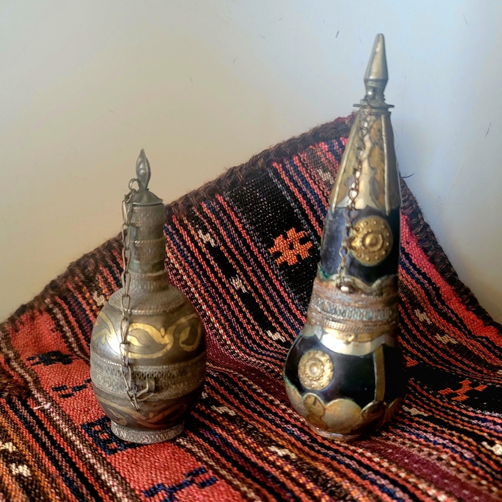 TWIN TURKISH TREASURES! Hand-made Military Antique Brass Metals Gunpowder Flasks